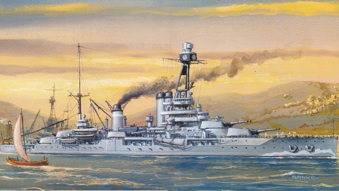 Painting of a Battleship and Sailboat at Sunset