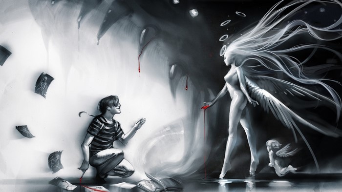 A boy and an angel with blood