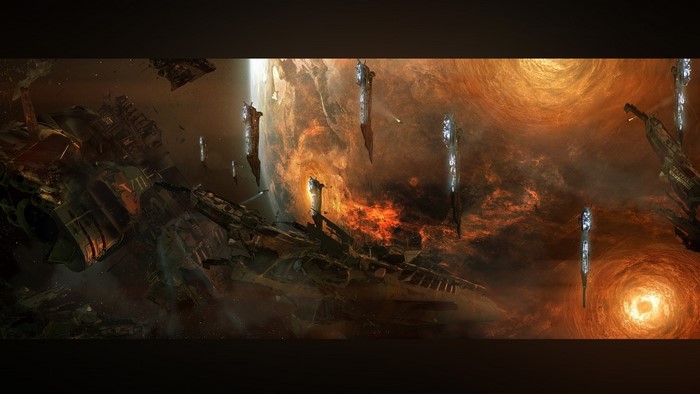 Spaceships in a fiery cosmic landscape