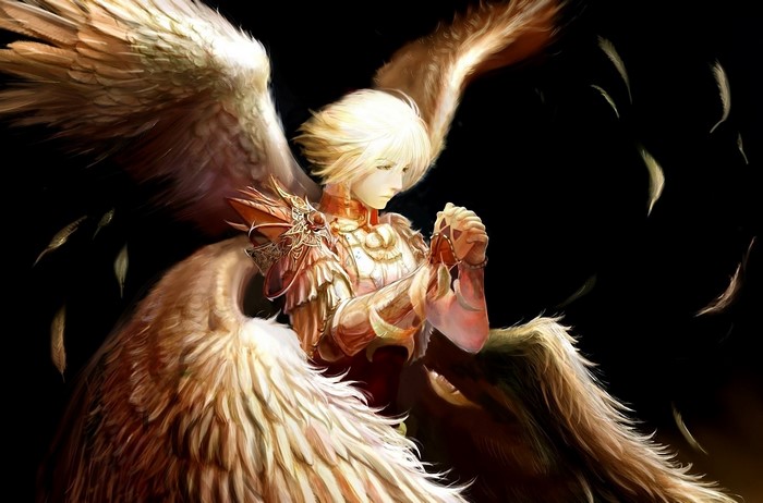 Angel with golden wings praying