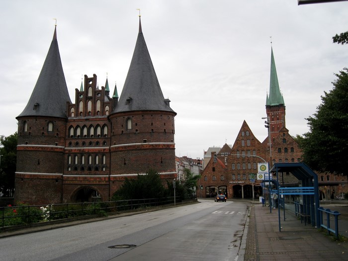 Holstentor Gate and St Mary's Church in Lubeck, Germany