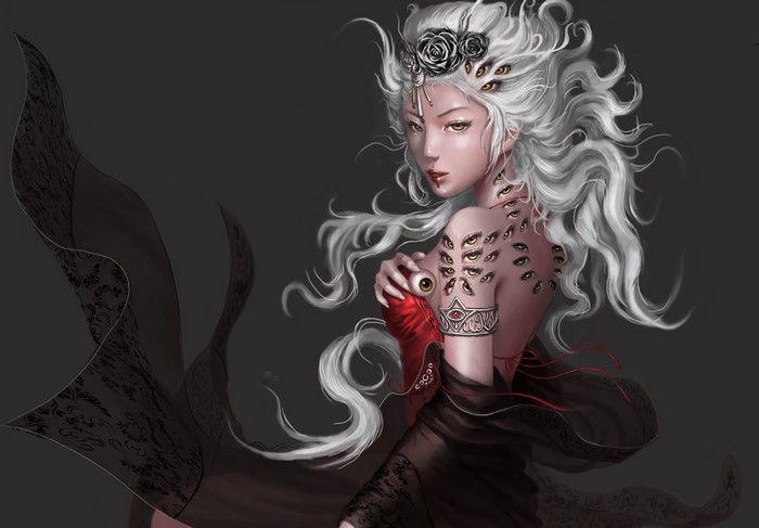 Woman with many eyes and white hair