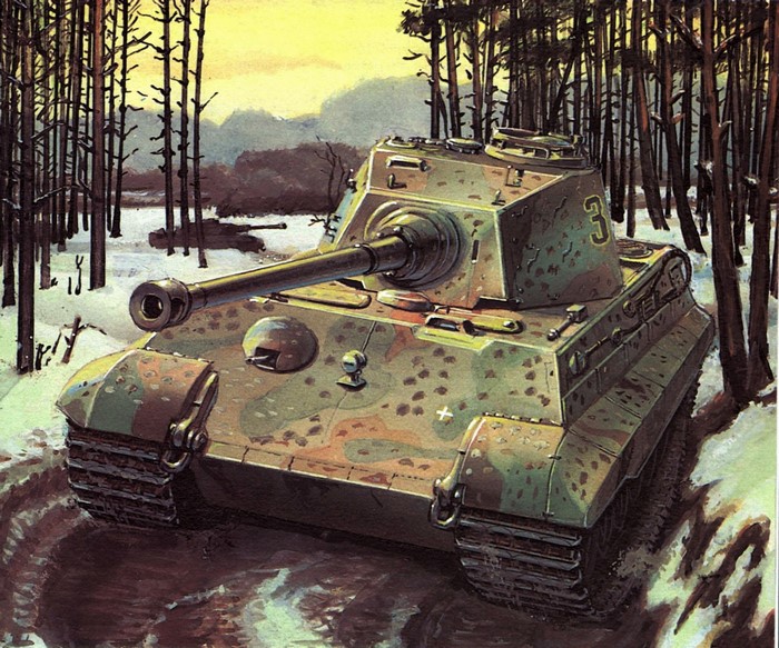 Painting of a German tank in a snowy forest