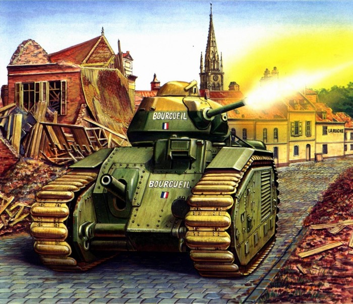 French Char B1 bis tank firing in a destroyed town