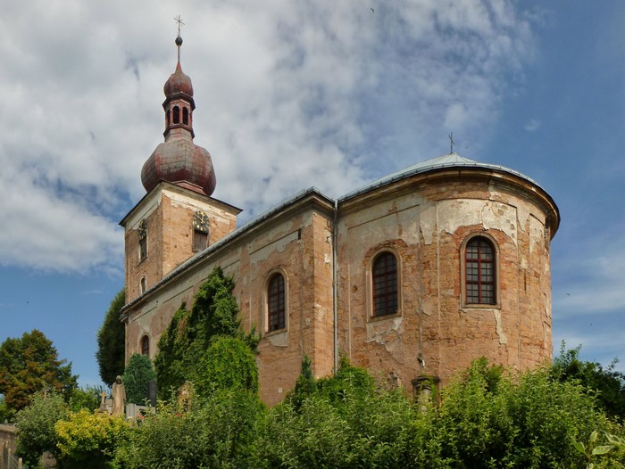 Church with a red dome tower and arched windows