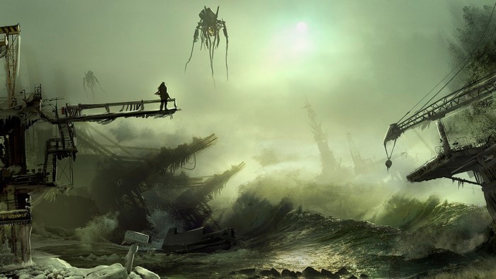 Killzone concept art of a lone figure and alien walkers