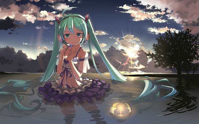 Hatsune Miku sitting in water at sunset