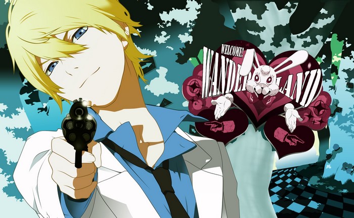 Young man with gun and Wonderland rabbit