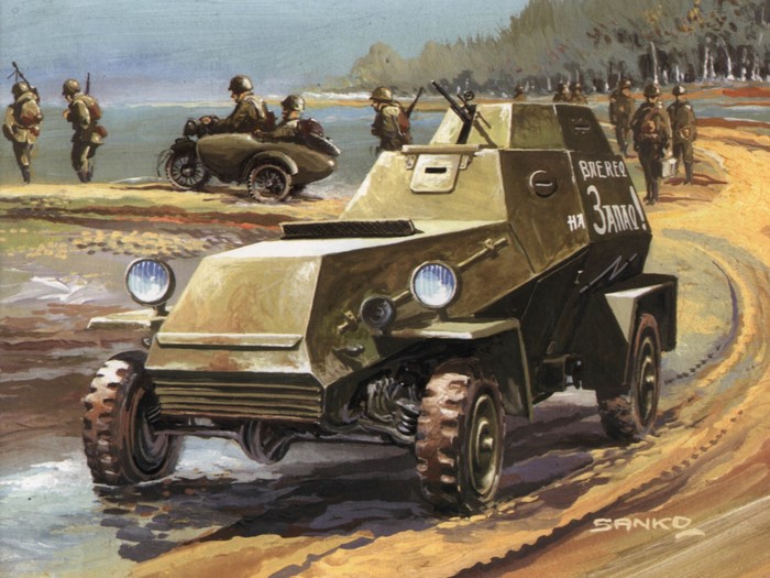 Armored car with soldiers on a dirt road