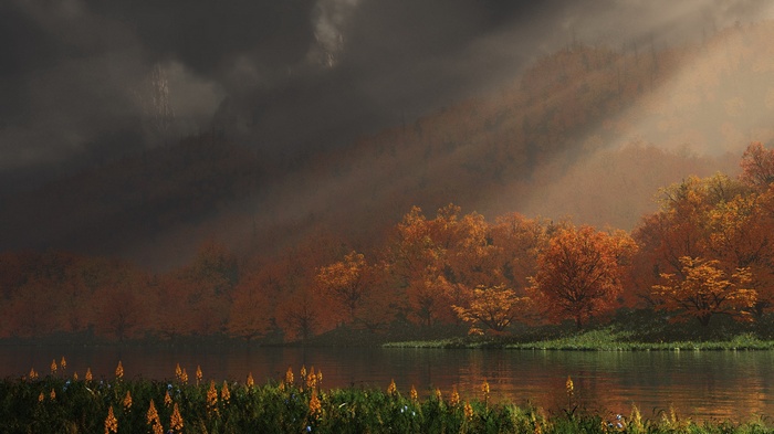 Autumn forest by a lake with dark clouds