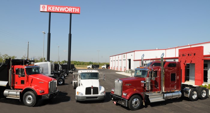Kenworth trucks parked outside dealership building