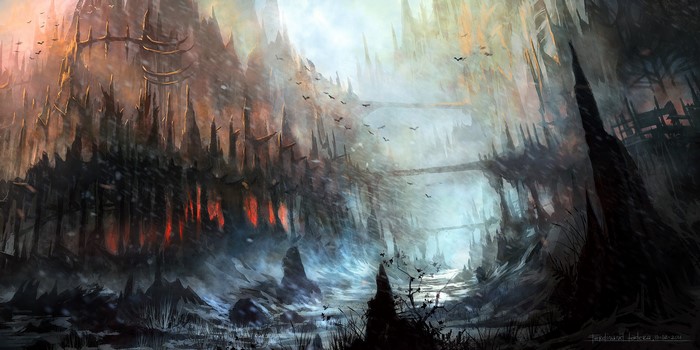A dark fantasy landscape with bridges and flying creatures