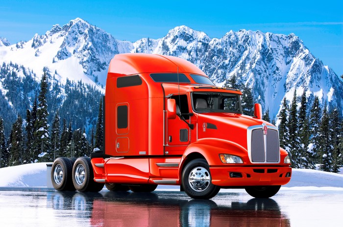 Red Kenworth Semi-Truck in Snowy Mountains