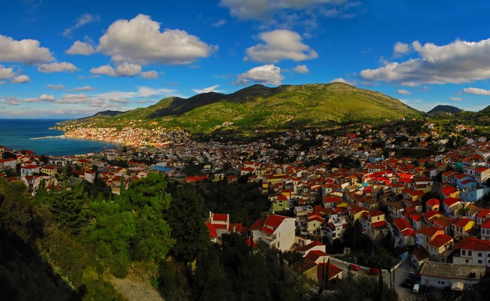Panoramic view of a coastal town in Greece