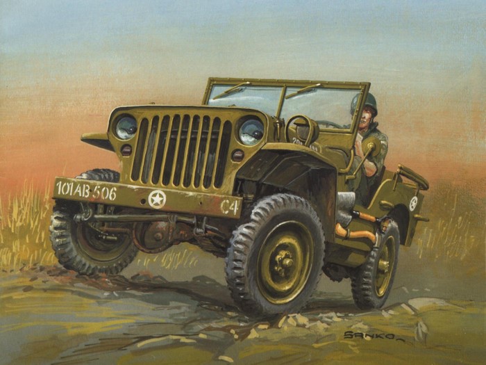 Painting of a military jeep with a soldier