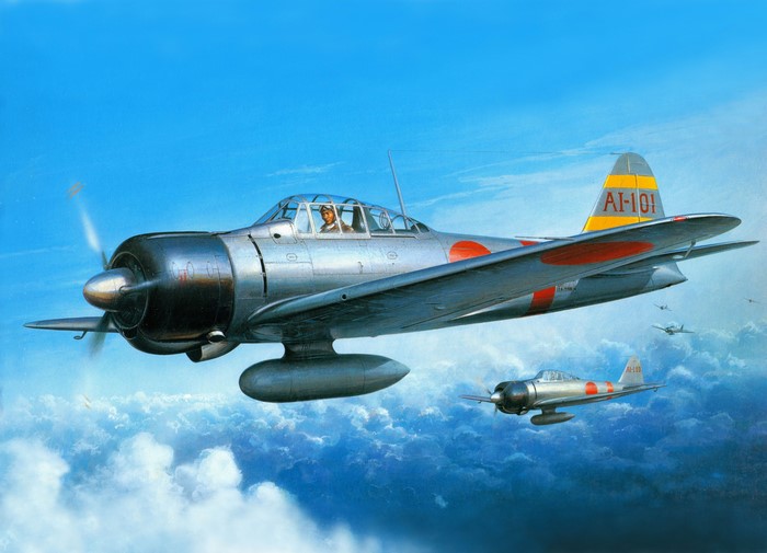Painting of Mitsubishi A6M Zero fighter planes in flight