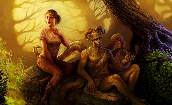 Woman and a horned creature with tentacles in a forest