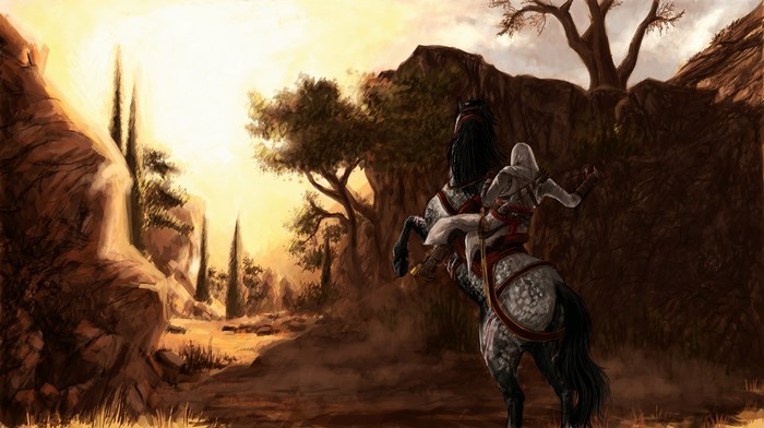 Assassin from Assassin's Creed on horseback in a rocky landscape