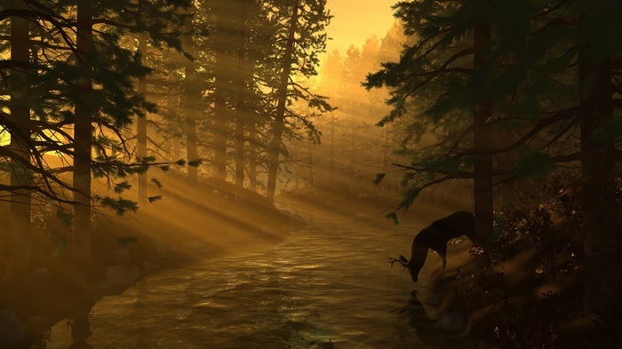 Deer drinking from a stream in a misty forest at sunrise