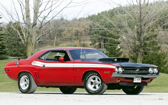 Red Dodge Challenger R/T with black hood scoop