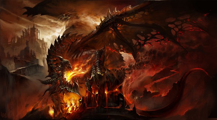 Dragon breathing fire in a fiery landscape