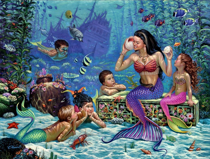 Mermaid family underwater with shipwreck