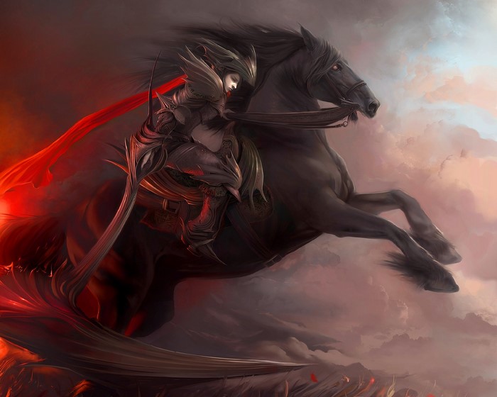 Warrior riding a black horse with red cape