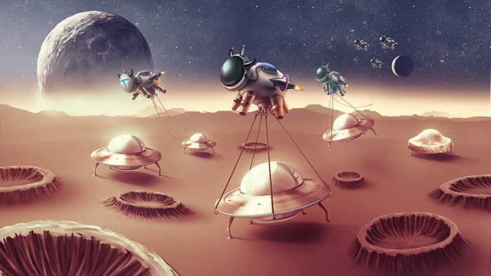 Alien UFOs and spacecraft on a barren planet