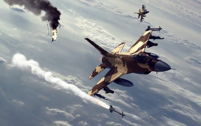 Fighter jets in combat with missile and smoke