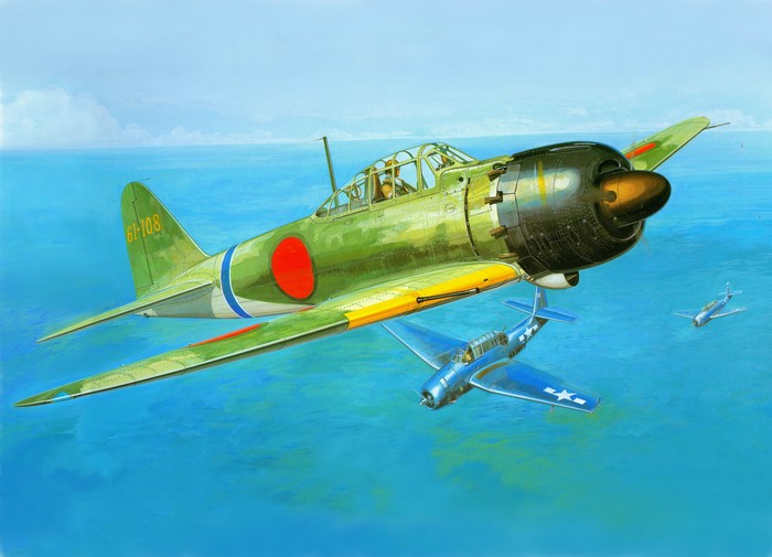 Japanese Zero and American planes in flight