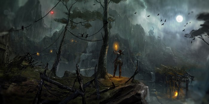 Lara Croft from Tomb Raider 2013 in a stormy landscape