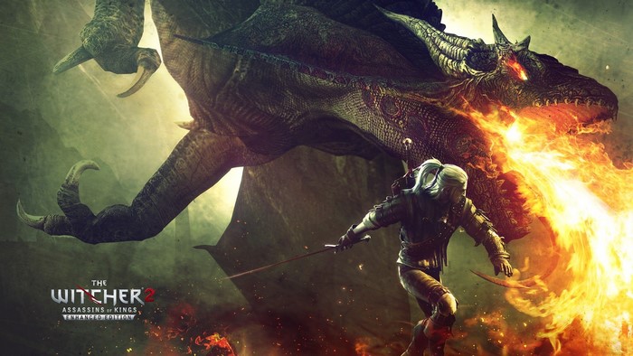 Geralt of Rivia fighting a dragon in The Witcher 2