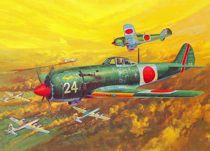 Painting of Japanese Ki-84 Hayate aircraft in flight