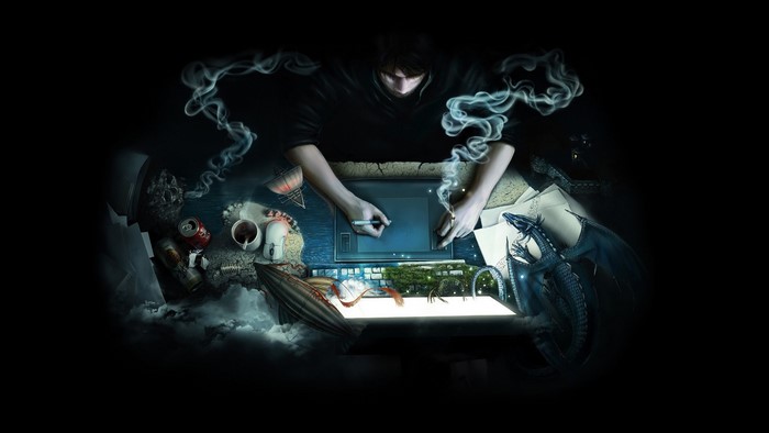 Artist creating digital art with dragons and steampunk elements