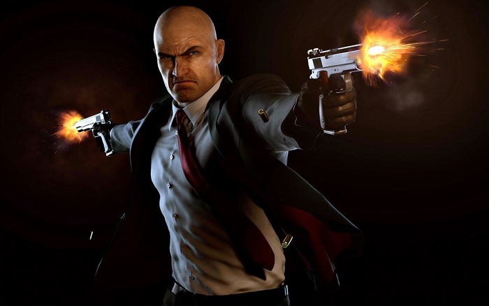 Agent 47 from Hitman firing two pistols