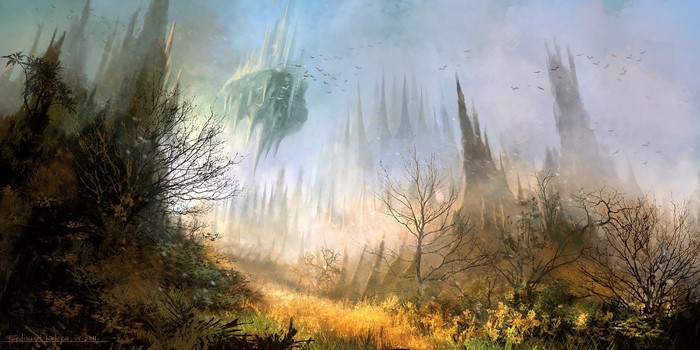 Fantasy landscape with floating castle and spires