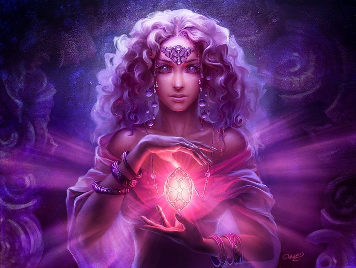 Woman with magical crystal and curly hair