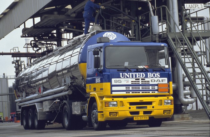 United Bos DAF fuel tanker truck at industrial facility