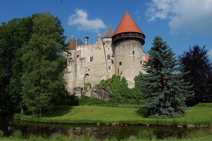 Castle with conical towers and moat