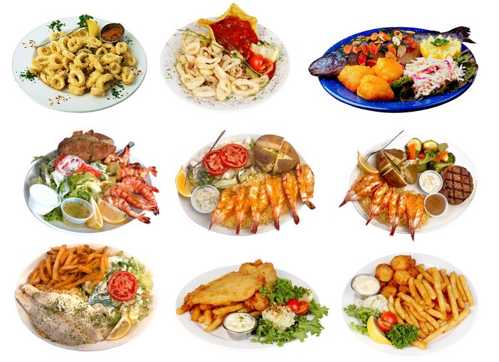 Assortment of seafood dishes including calamari, shrimp, and fish