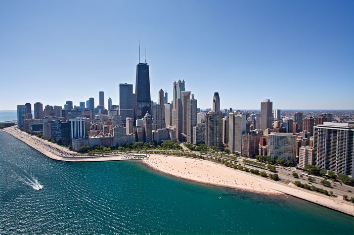 Chicago skyline and beach with boat