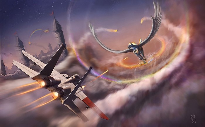 Fighter jet and pegasus in aerial battle over castles