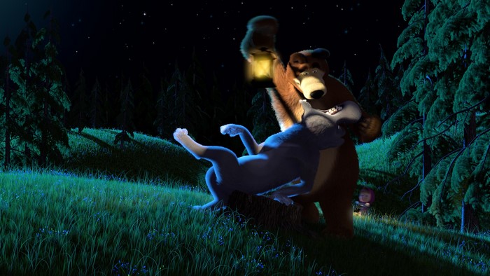 Masha and the Bear in a forest at night