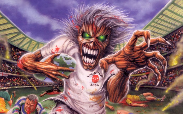 Eddie from Iron Maiden holding the Earth as a rugby ball