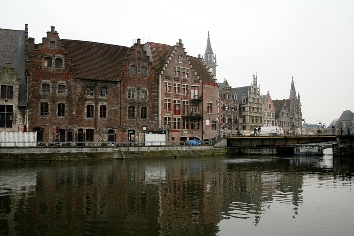 Ghent, Belgium canal with historic buildings and bridge