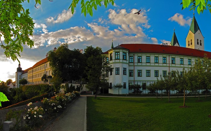 Monastery building with church towers in Germany
