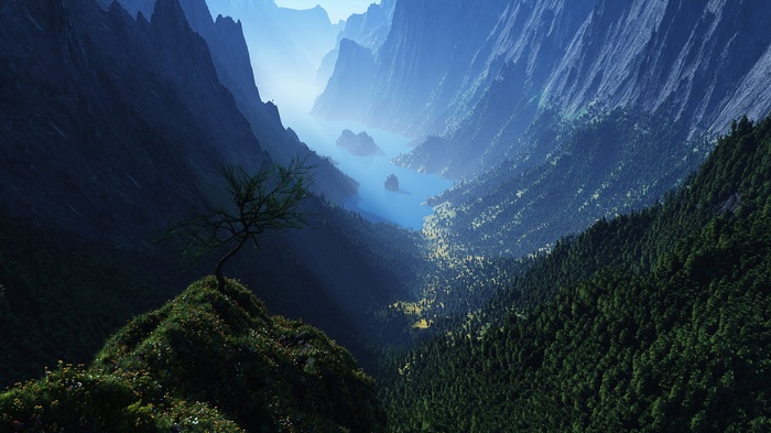 A lone tree on a grassy cliff overlooking a misty mountain valley with a lake