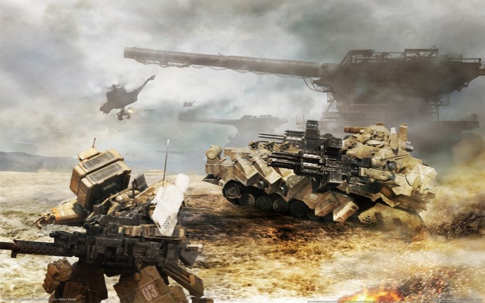 Armored Core mechs and tanks in battle