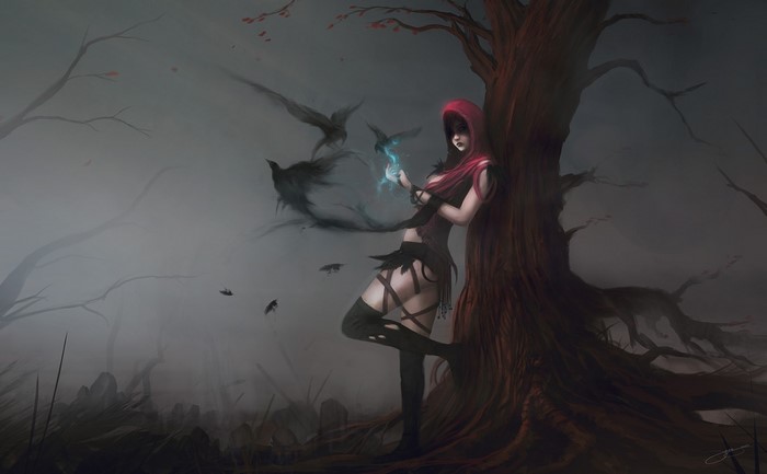 Woman in red hood with birds in a dark forest