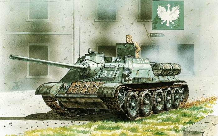 Painting of a Soviet SU-100 tank with Polish markings